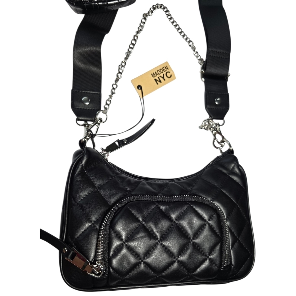 Madden NYC Quilted Black Crossbody Bag NWT Double Pocket Adjustable Strap - Picture 6 of 7